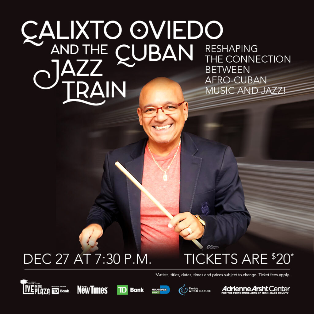 Promotional image for 'Live on the Plaza' featuring Calixto Oviedo smiling with drumsticks in front of a blurred train, highlighting the event on December 27, 2023.