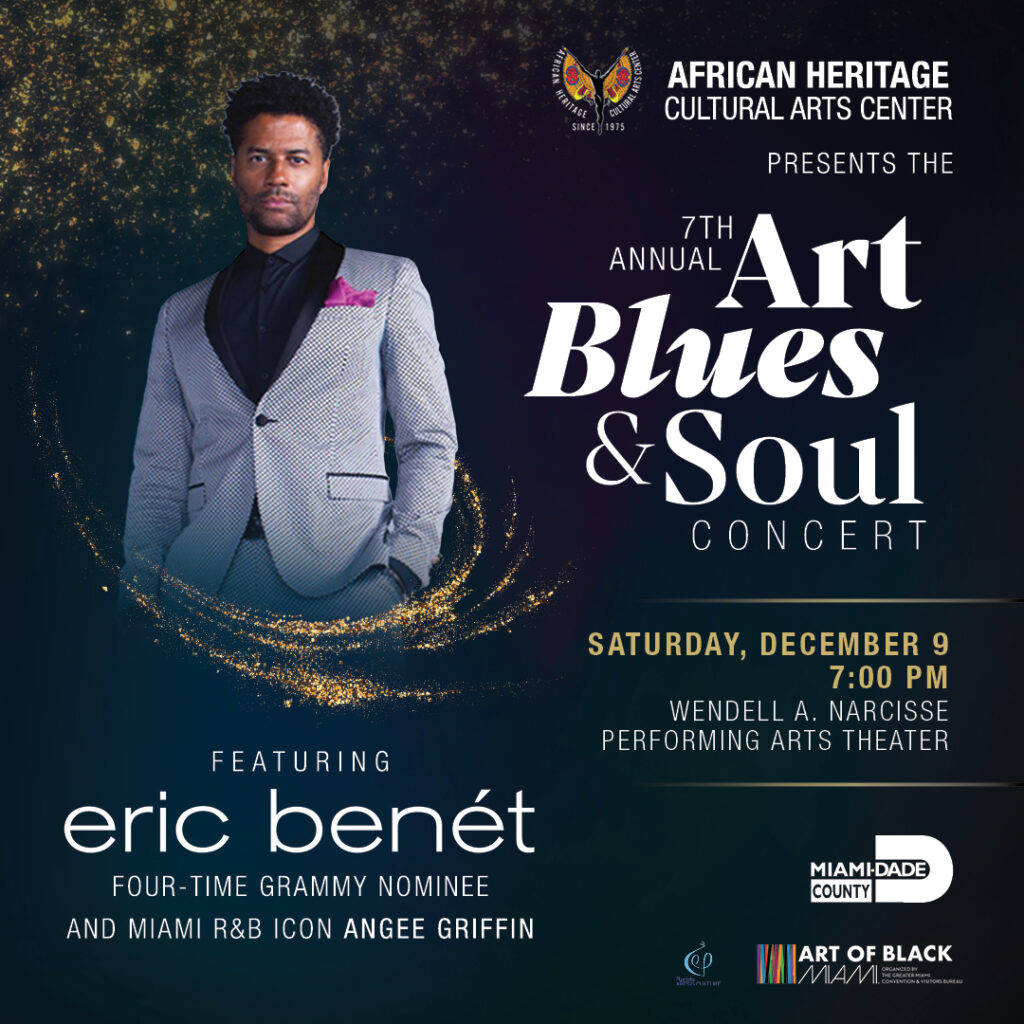 Promotional image for the Art, Blues, and Soul evening at the African Heritage Cultural Arts Center featuring Eric Benet and Angee Griffin, December 9th.