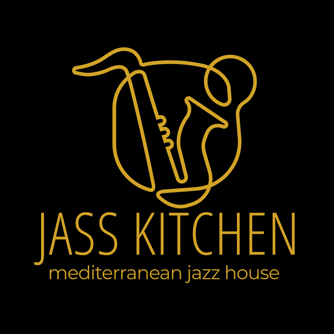 Logo of Jass Kitchen featuring a stylized saxophone intertwined with a fork, representing a Mediterranean jazz house, in gold outline against a black background. Use Code WDNA in the comments for a free dessert or drink of your choice. Book on Open Table dot com forward slash r forward slash Jass dash kitchen dash miami.