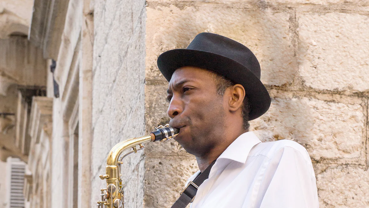A jazz musician in a fedora playing the saxophone on a cobblestone street, embodying the spirit of jazz culture.