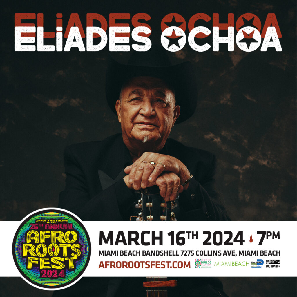 Eliades Ochoa, renowned Cuban musician of Buena Vista Social Club, holding a guitar, for Afro Roots Fest at Miami Beach Bandshell on March 16, 2024.