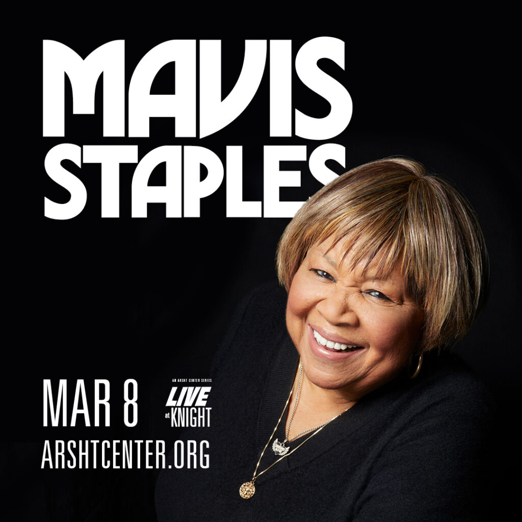 Mavis Staples smiling warmly, promoting her upcoming concert on March 8 at Arsht Center for the Live at Knight series. WDNA 88.9FM is a premier community partner of the Arscht Center and supports local up and coming artists.