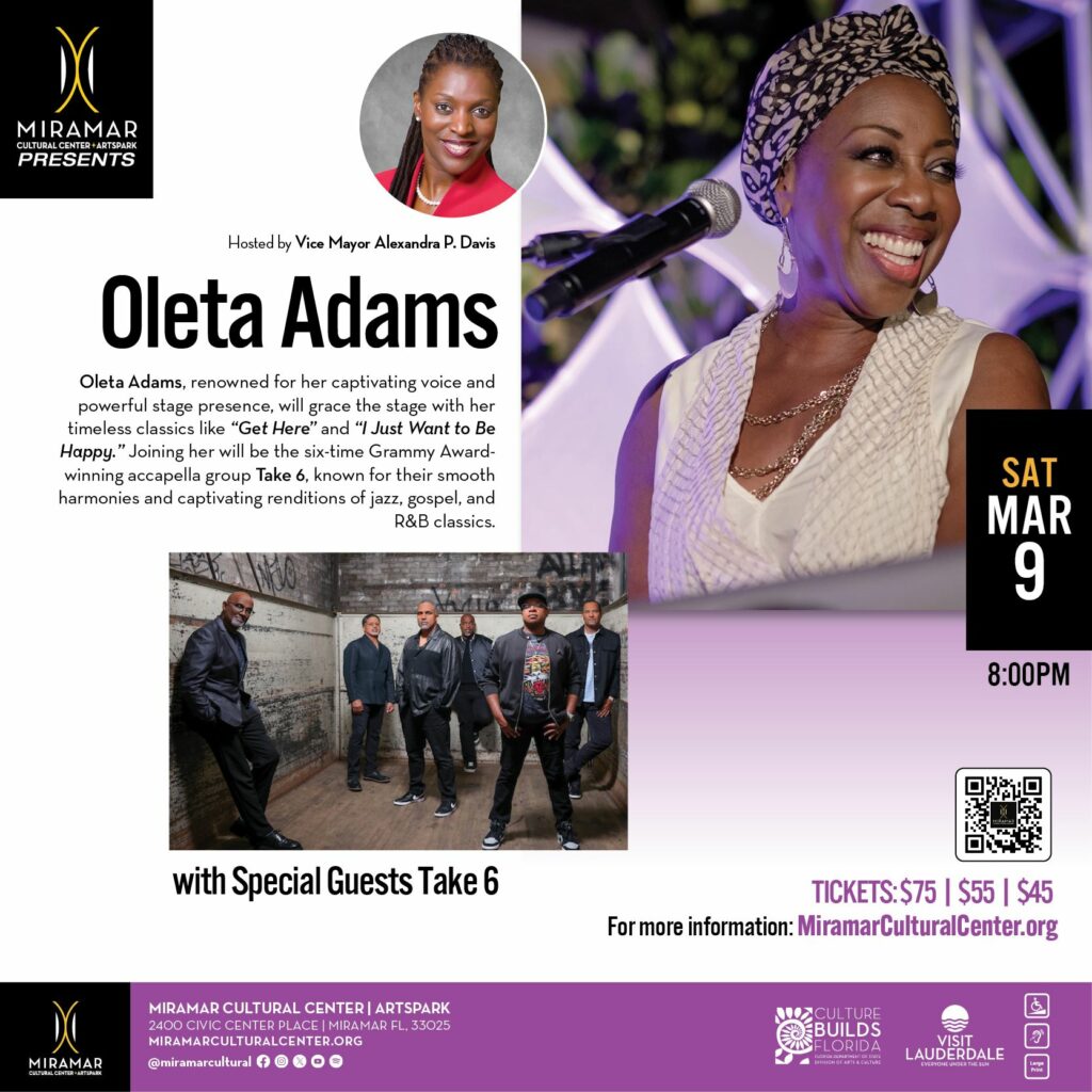Oleta Adams smiling with a microphone and Take 6 posing for the Serious Jazz event at Miramar Cultural Center, March 9, 2024.