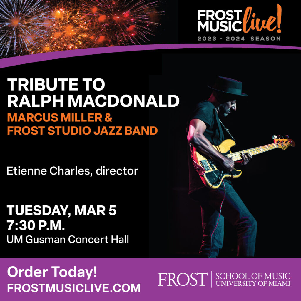 Marcus Miller on stage playing bass in tribute to Ralph MacDonald at the Frost Music Live series. WDNA 88.9FM Serious Jazz Community Public Radio supports local artists and student musicians.
