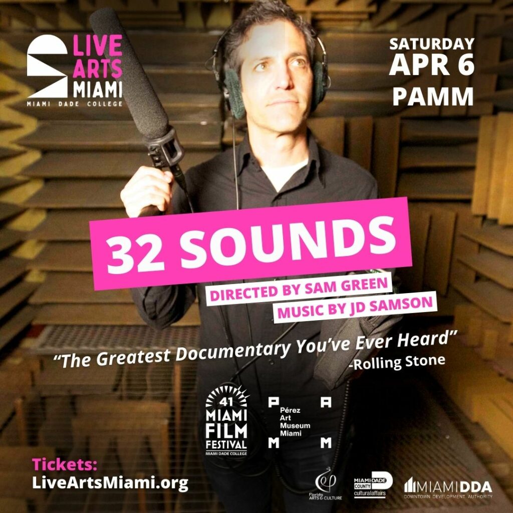 Sam Green holding a microphone, promoting the 32 Sounds event at PAMM for Live Arts Miami and Miami Film Festival on April 6, 2024. WDNA 88.9FM Serious Jazz | Miami supports the Miami Film Festival 2024.