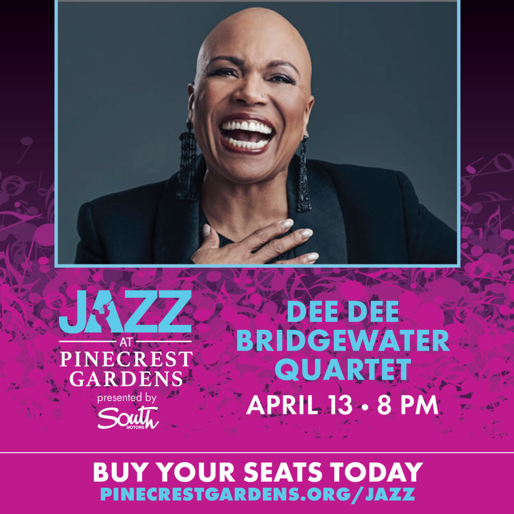 Dee Dee Bridgewater laughing joyfully in a promotional image for her jazz quartet's live performance at Pinecrest Gardens on April 13th at 8PM. Co-sponsored by WDNA 88.9FM Serious Jazz Community Public Radio.