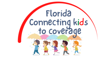 Illustration of diverse children with umbrellas under "Florida Connecting Kids to Coverage" logo, a sponsor for WDNA 88.9FM's Music Scholarship Program.