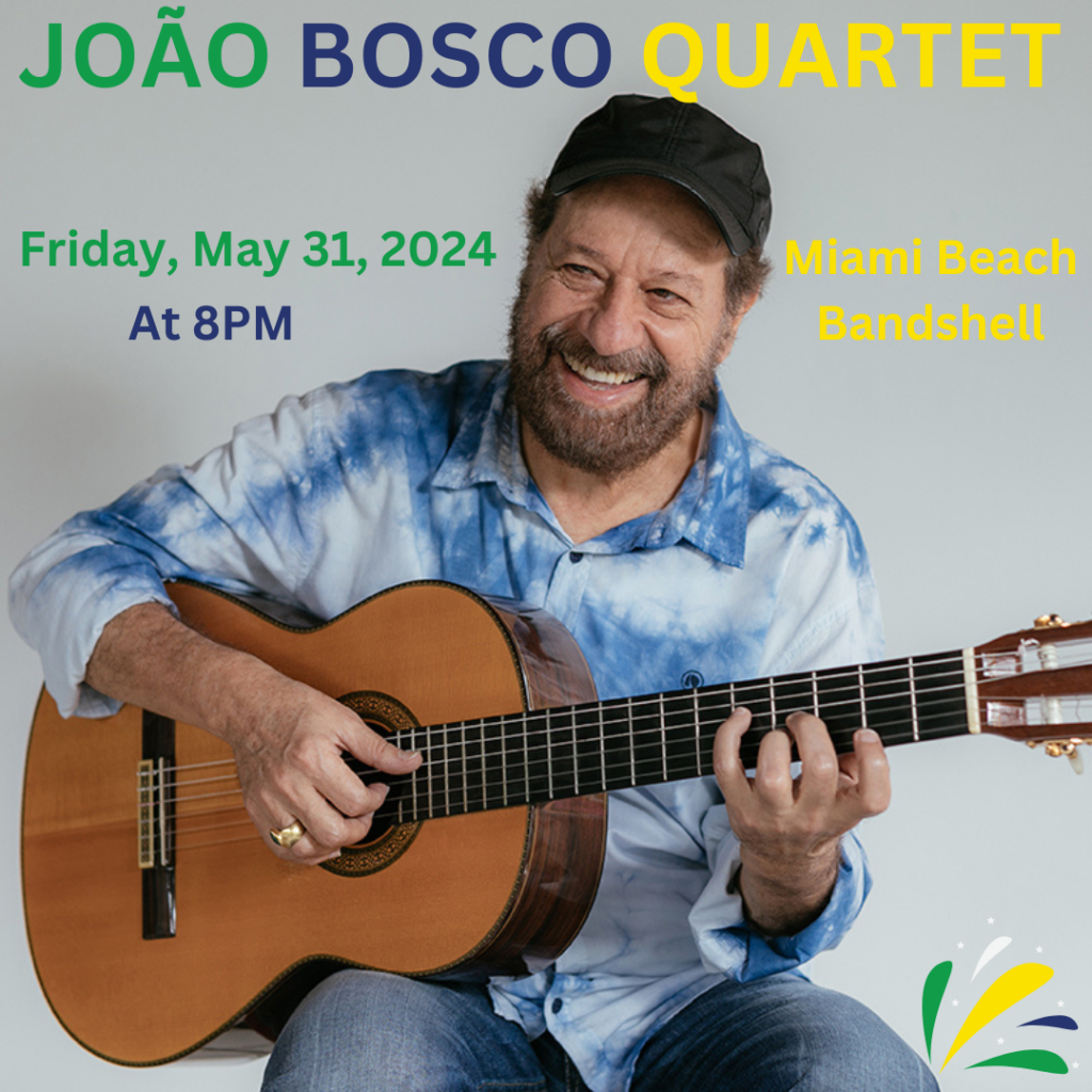 João Bosco playing guitar with a smile, promoting his Quartet's live performance at Miami Beach Bandshell on May 31, 2024. Tune in to WDNA 88.9FM on Sundays for Cafe Brasil, to learn more.