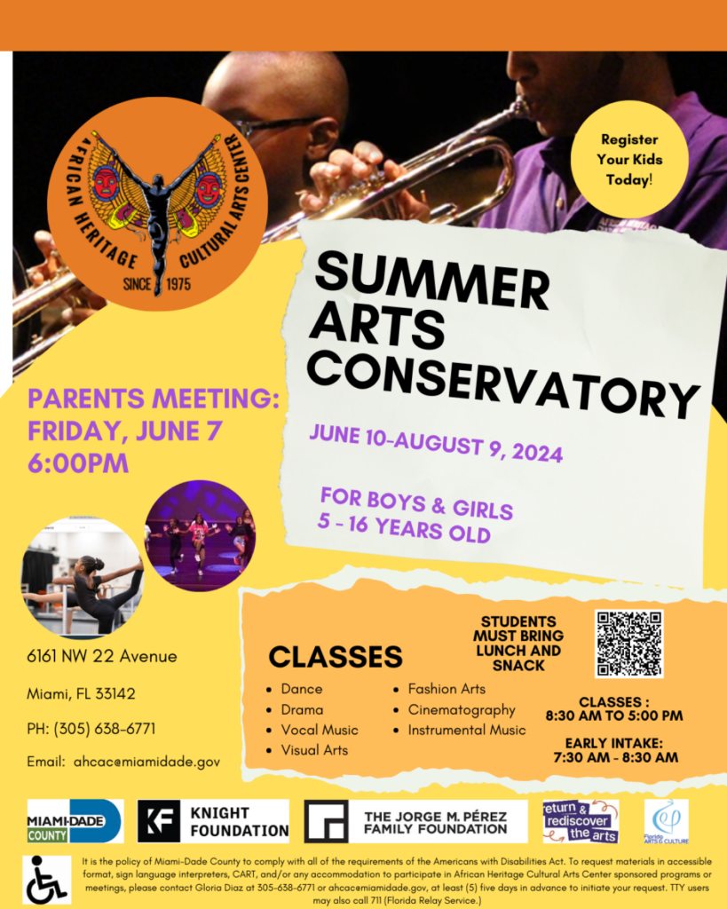 Flyer for the Summer Arts Conservatory 2024 at the African Heritage Cultural Arts Center, featuring images of music performance and dance classes.