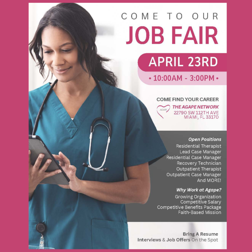 Agape Network Job Fair flyer for April 23rd featuring healthcare professional with tablet, highlighting opportunities for Lead Mental Health Therapist, Case Manager, and Recovery Technician in Miami.