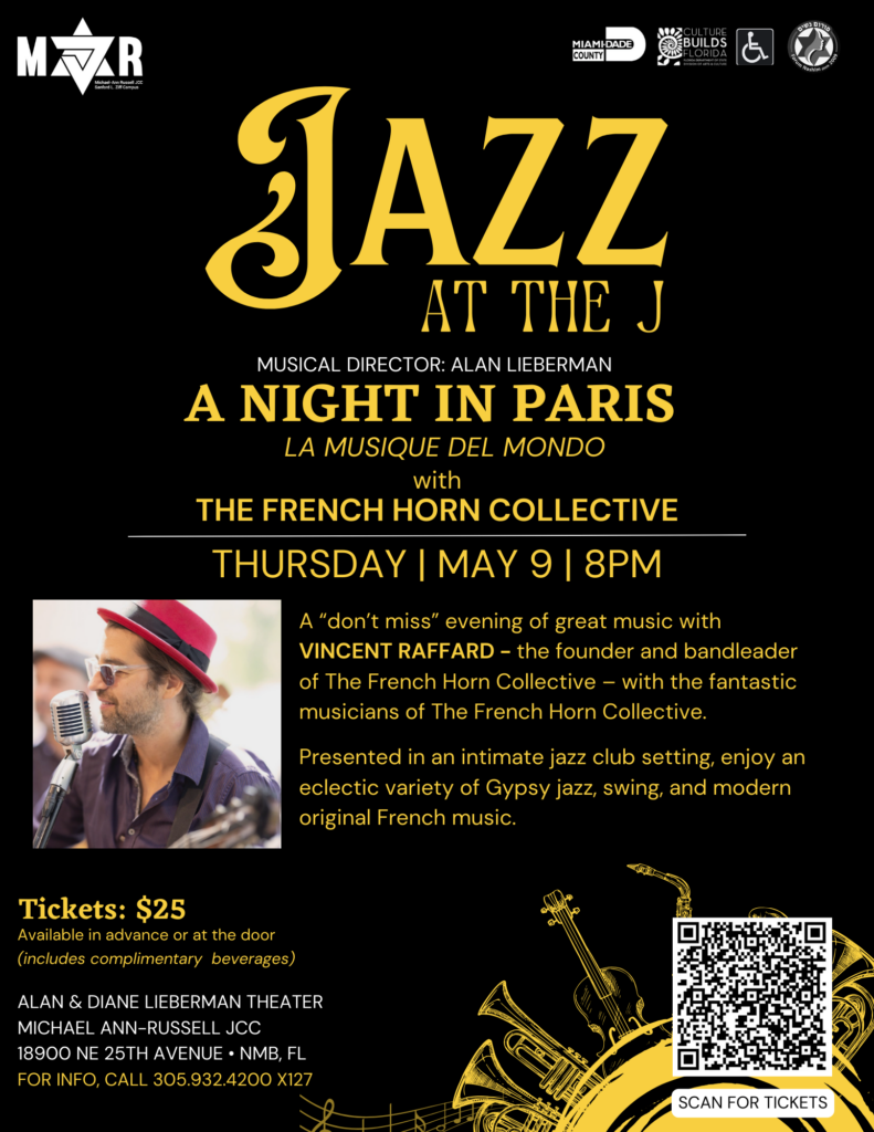 Promotional flyer for Jazz at the J event on May 9, featuring The French Horn Collective at Alan & Diane Lieberman Theater.