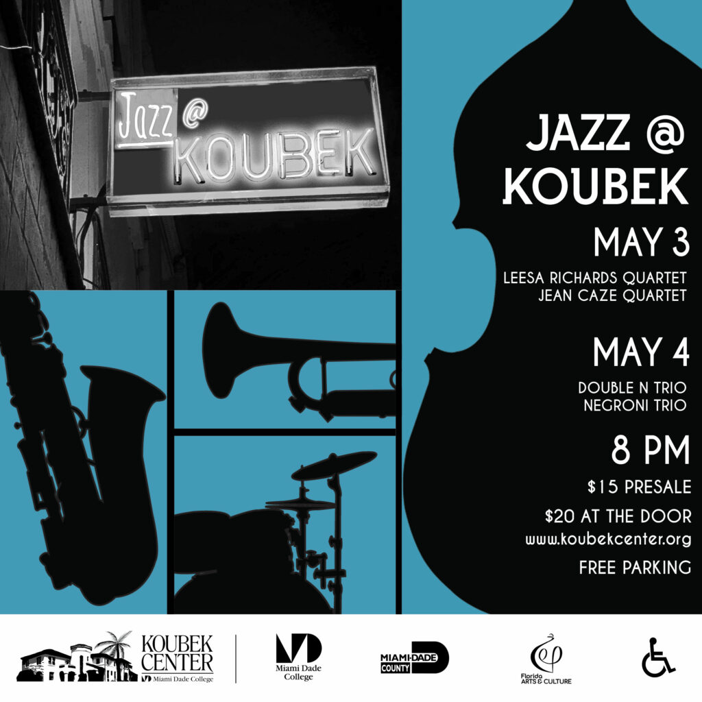 Flyer for Jazz @ Koubek event on May 3rd and 4th, 2024, showcasing silhouettes of jazz musicians and event details.