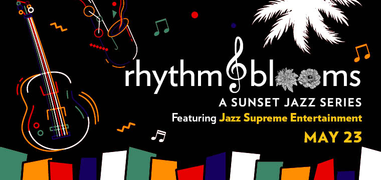 Promotional flyer for Rhythm & Blooms, a Sunset Jazz Series at Fairchild Tropical Botanic Garden, featuring musical notes and vibrant colors.