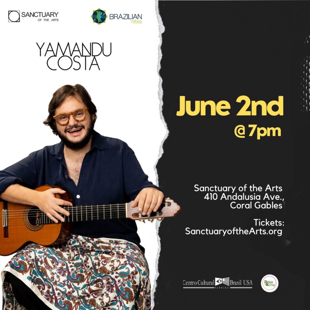 Latin GRAMMY winner Yamandu Costa holding a guitar, performing live at the Sanctuary of the Arts on June 2nd at 7 PM. Tickets available at SanctuaryoftheArts.org.