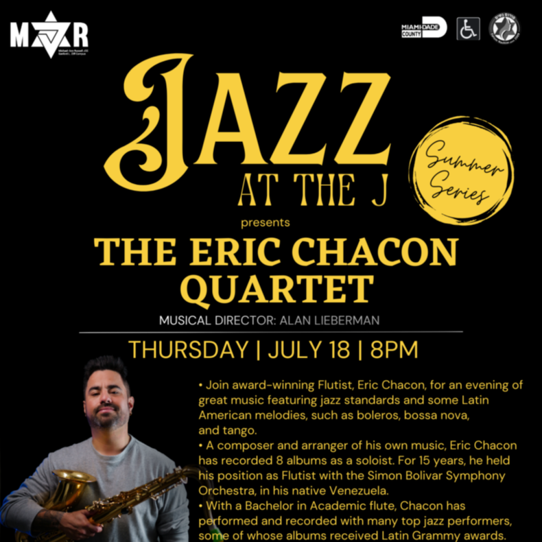 Eric Chacon Quartet performing live at the J on July 18, 2024. Award-winning flutist Eric Chacon with trumpet. WDNA 88.9FM Serious Jazz Community Public Radio and the Michael-Ann Russell Jewish Community Center are community partners in Jazz.
