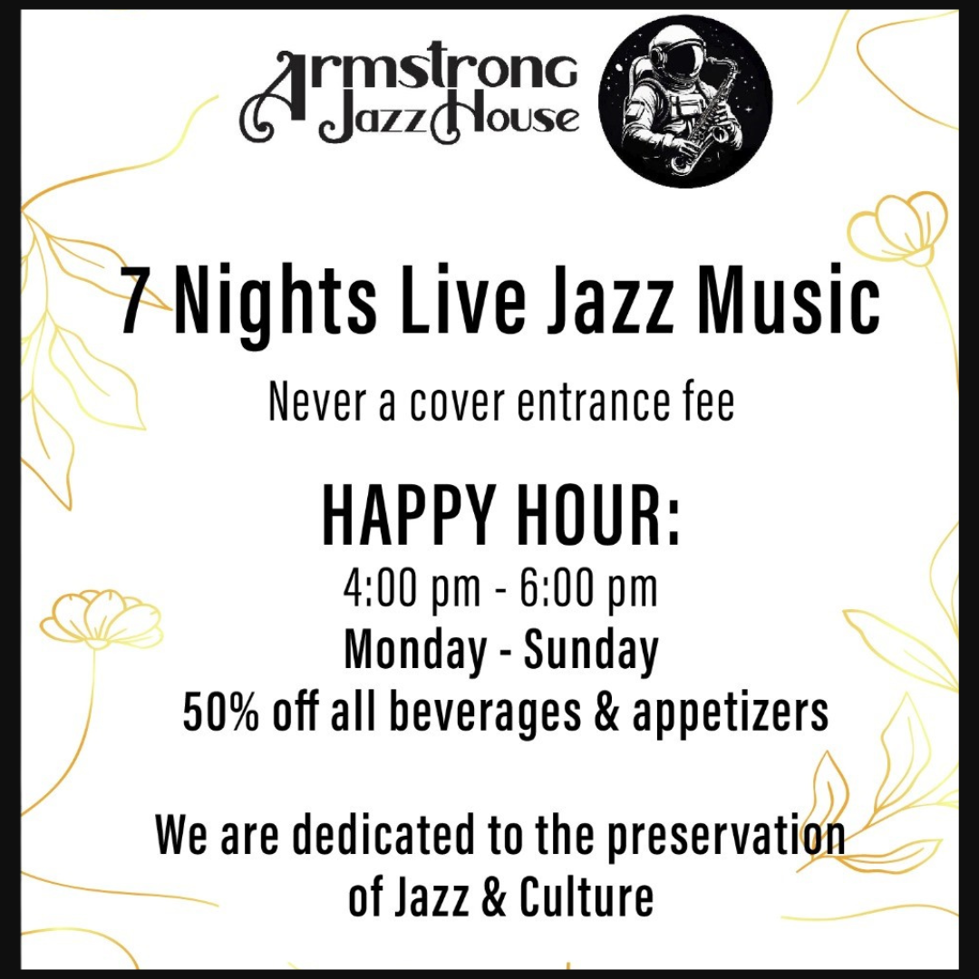 Flyer for WDNA 88.9FM Serious Jazz Community Public Radio's Community Partner Armstrong Jazz House in Coral Gables, Florida, promoting 7 nights of live jazz music and happy hour specials with no cover entrance fee.