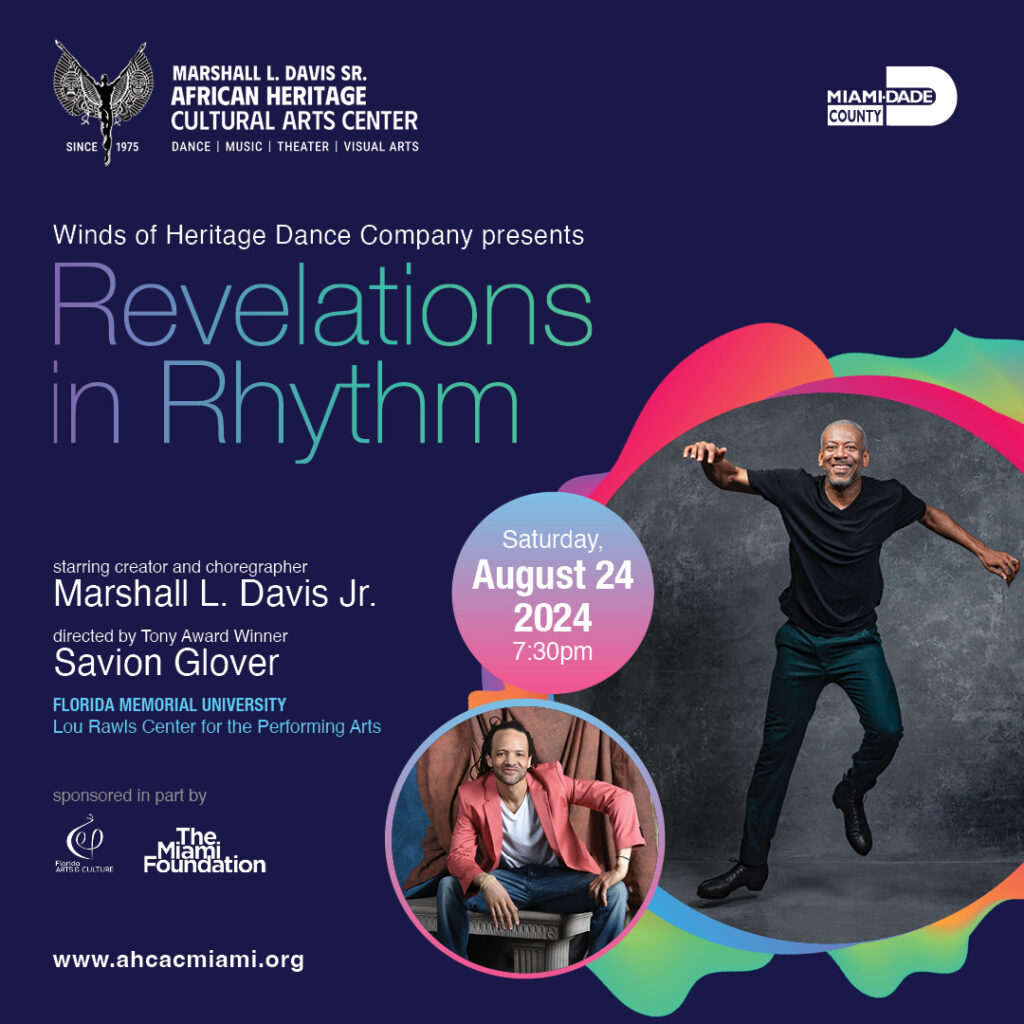 Flyer for "Revelations in Rhythm" event on August 24, 2024, featuring Marshall L. Davis Jr. and Savion Glover at the Florida Memorial University Lou Rawls Center for the Performing Arts.