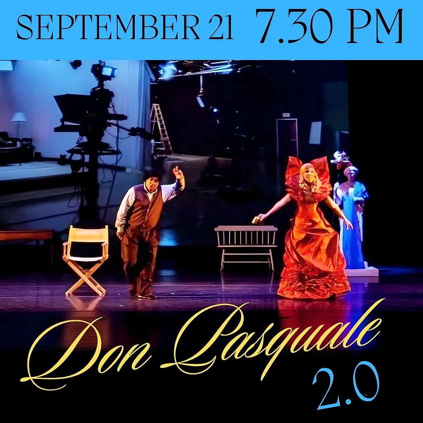 Don Pasquale 2.0 opera performance September 21 at 7:30 PM with actors in vibrant costumes on stage.