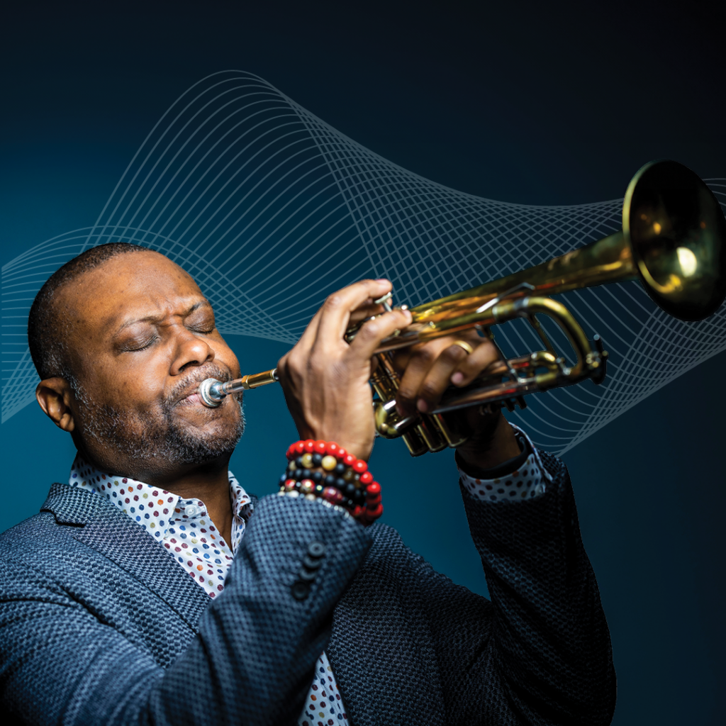 Sean Jones playing trumpet with Frost Jazz Orchestra, performing live at UM Gusman Concert Hall, October 8, 2024.