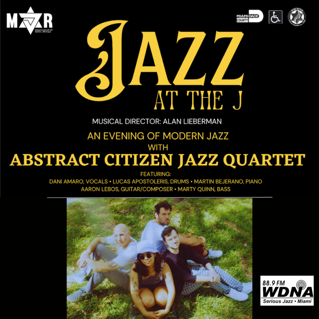 Poster of the Jazz at the J event featuring Abstract Citizen Jazz Quartet on September 19, showcasing musicians and event details.