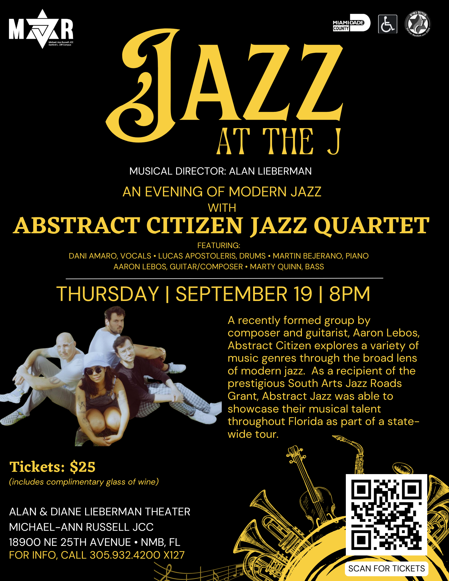 Poster of the Jazz at the J event featuring Abstract Citizen Jazz Quartet on September 19, showcasing musicians and event details.