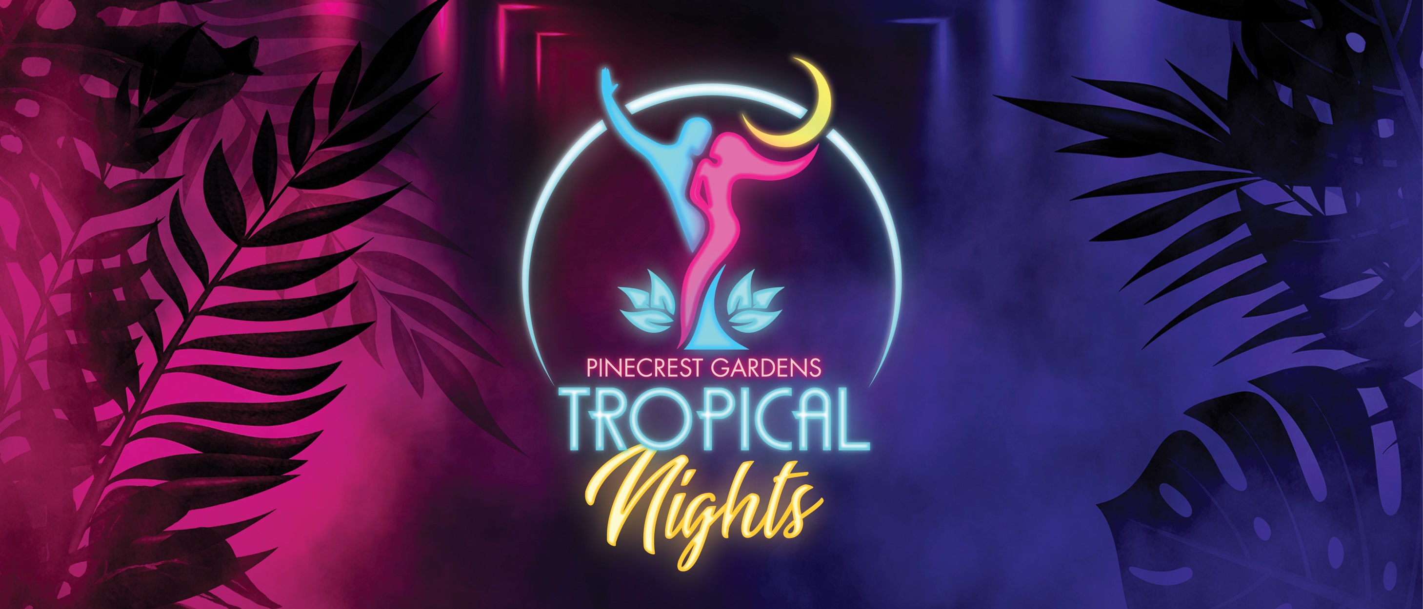 Tropical Nights event logo with vibrant colors, featuring a silhouette of a dancer at Pinecrest Gardens, surrounded by tropical foliage in a neon-lit atmosphere.