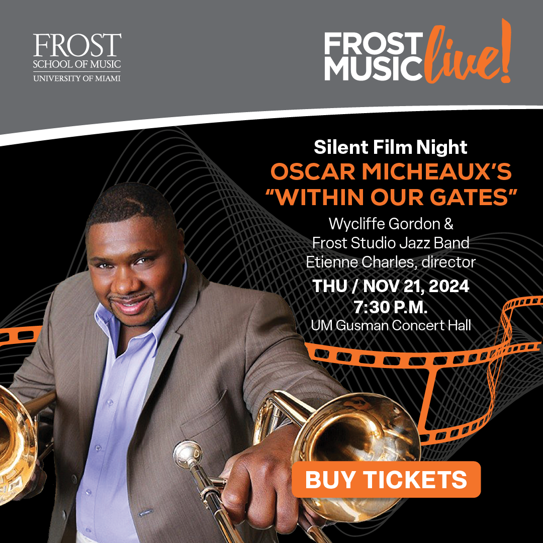 Wycliffe Gordon holding a trombone, promoting Silent Film Night featuring Oscar Micheaux’s Within Our Gates with live jazz at UM Gusman Concert Hall on November 21, 2024.