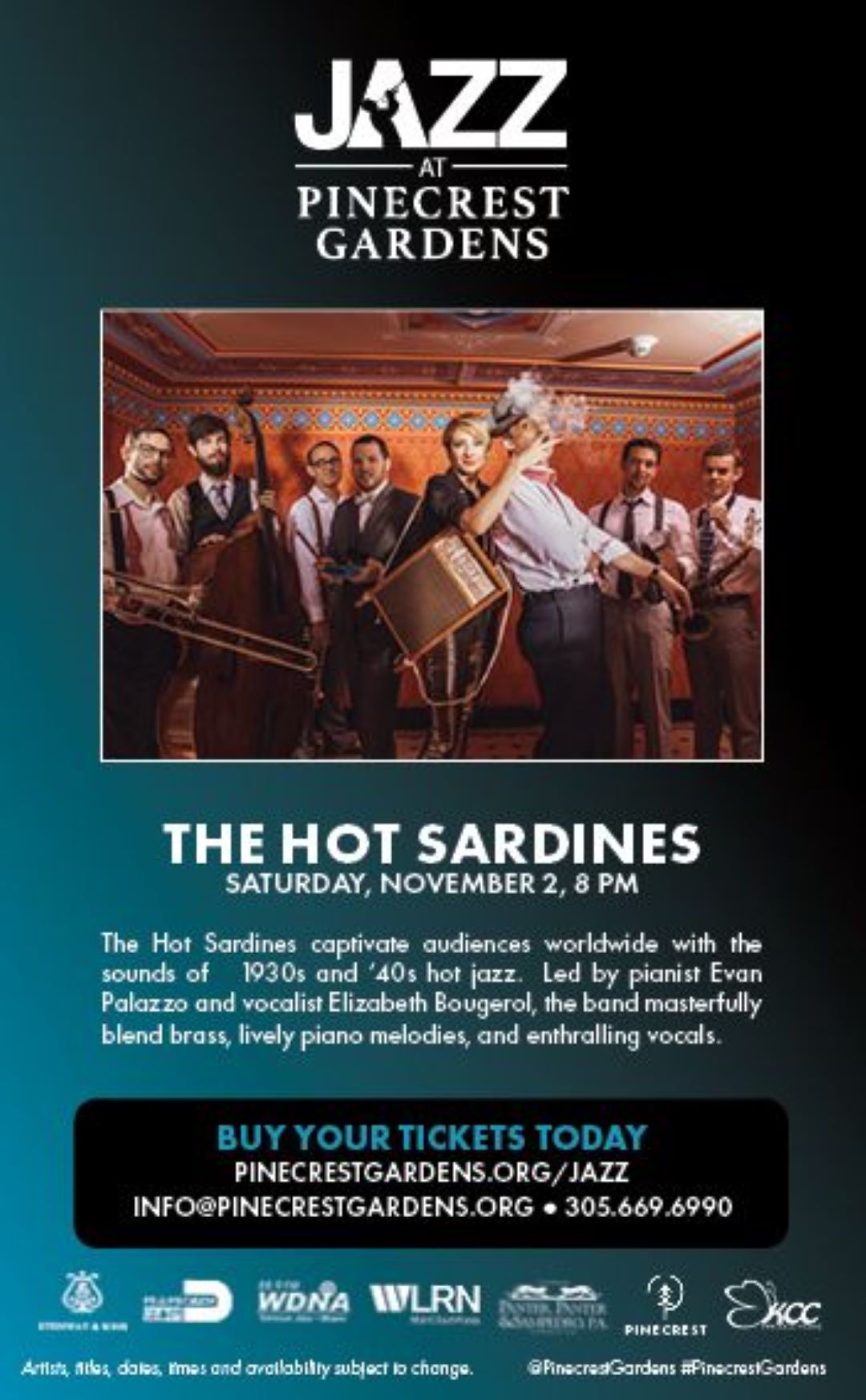 The Hot Sardines jazz band performing live, featuring vintage 1930s and '40s jazz sounds, at Pinecrest Gardens on November 2, 2024.