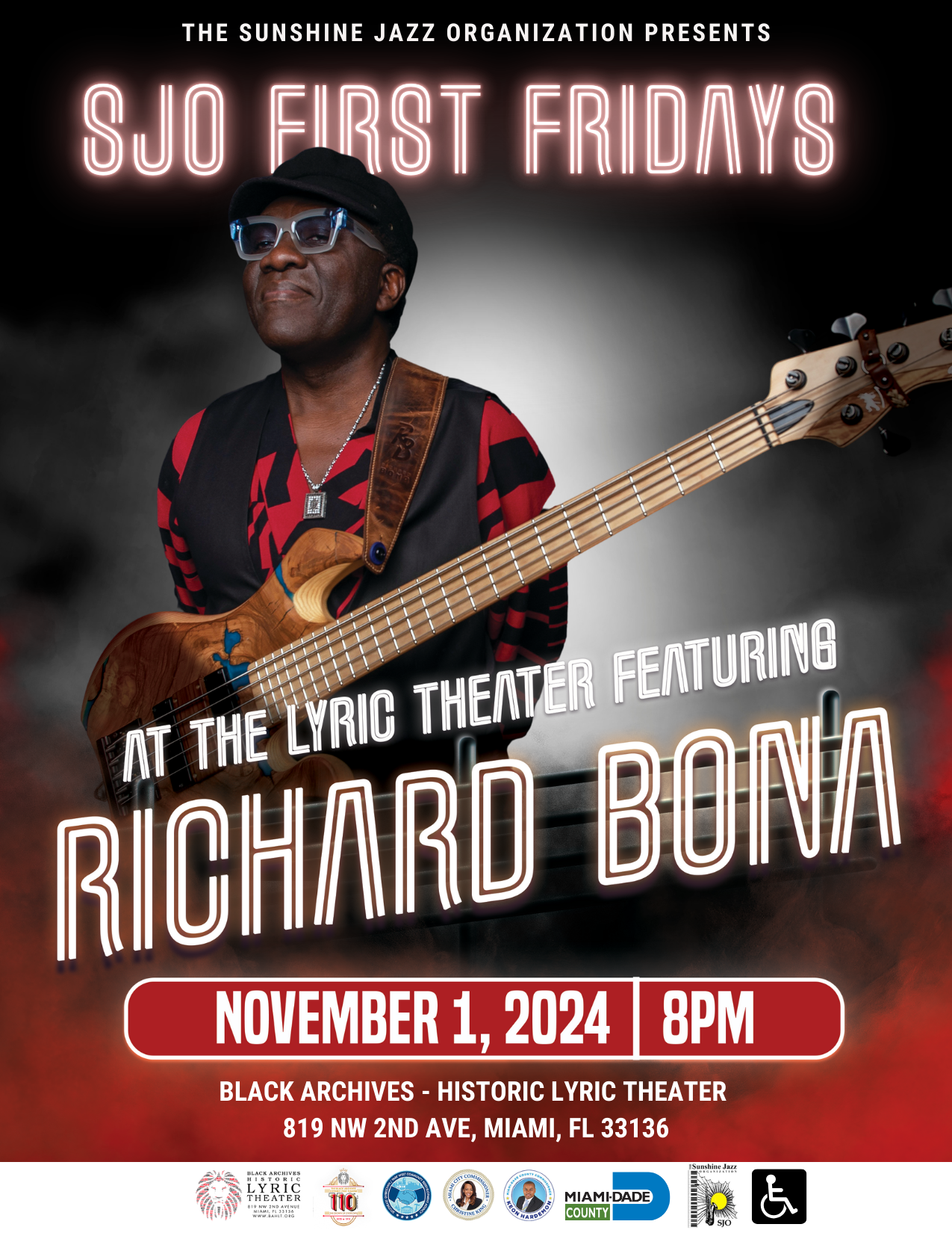 Richard Bona playing bass at SJO Jazz 1st Fridays, Lyric Theater, November 1, 2024.