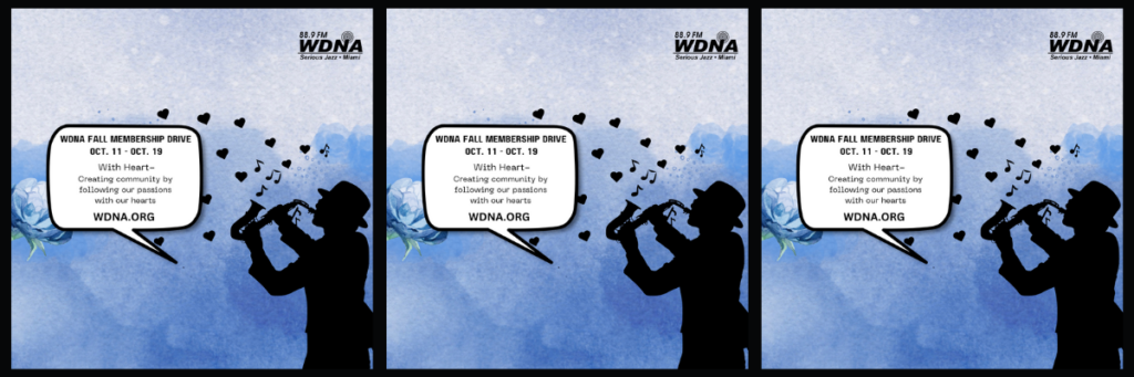 Flyer for WDNA’s Fall Membership Drive, October 11-19, 2024, featuring a silhouette of a saxophone player with musical notes and hearts, emphasizing the theme ‘With Heart’ and a call to support community jazz at wdna.org.