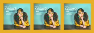 Album cover for Chance by jazz pianist Miki Yamanaka featuring Tyrone Allen and Jimmy Macbride, showing Miki in a vibrant yellow outfit with alien earrings.