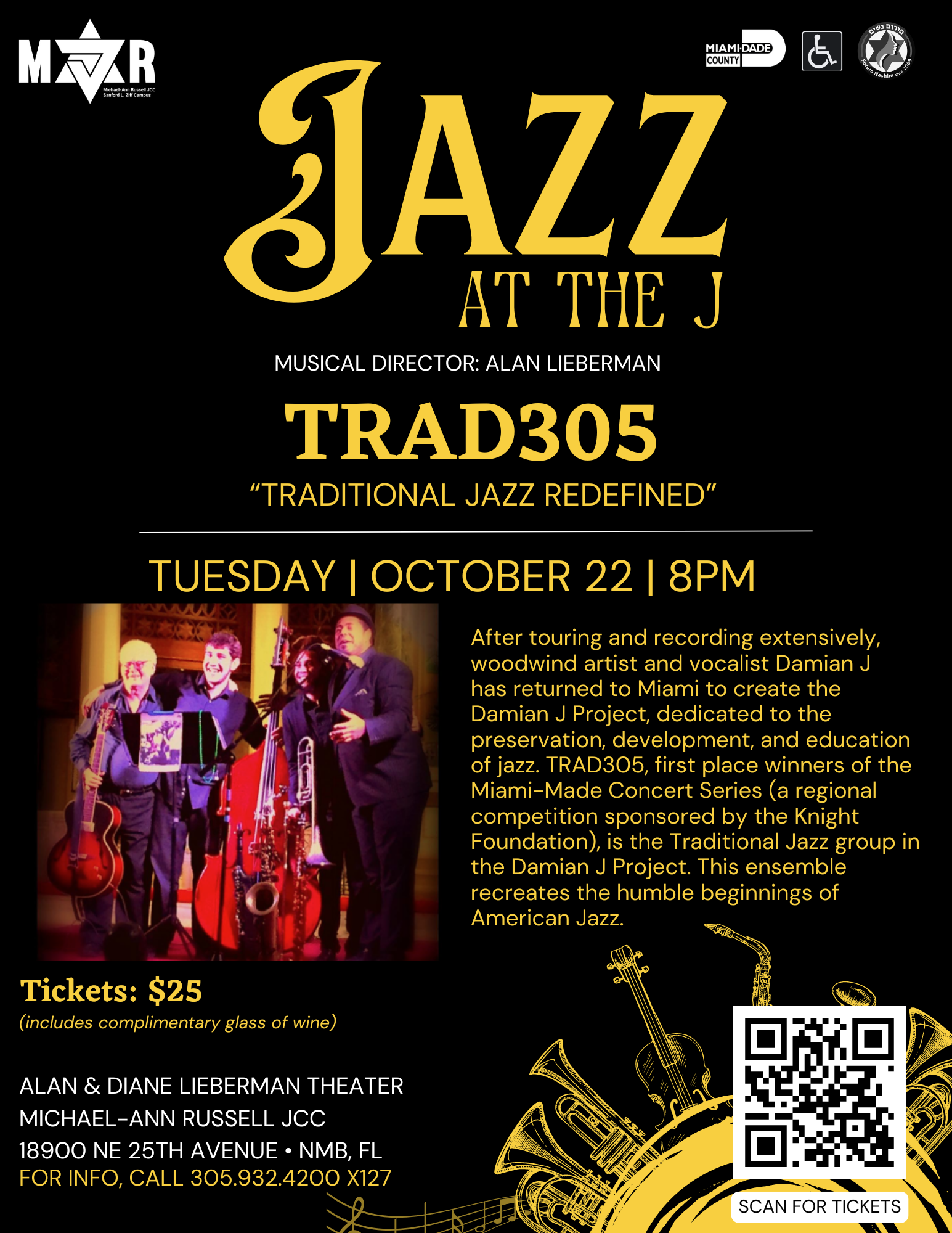 Jazz at the J: TRAD305 event poster featuring band members with musical instruments, showcasing the date, time, and location at Michael-Ann Russell JCC.