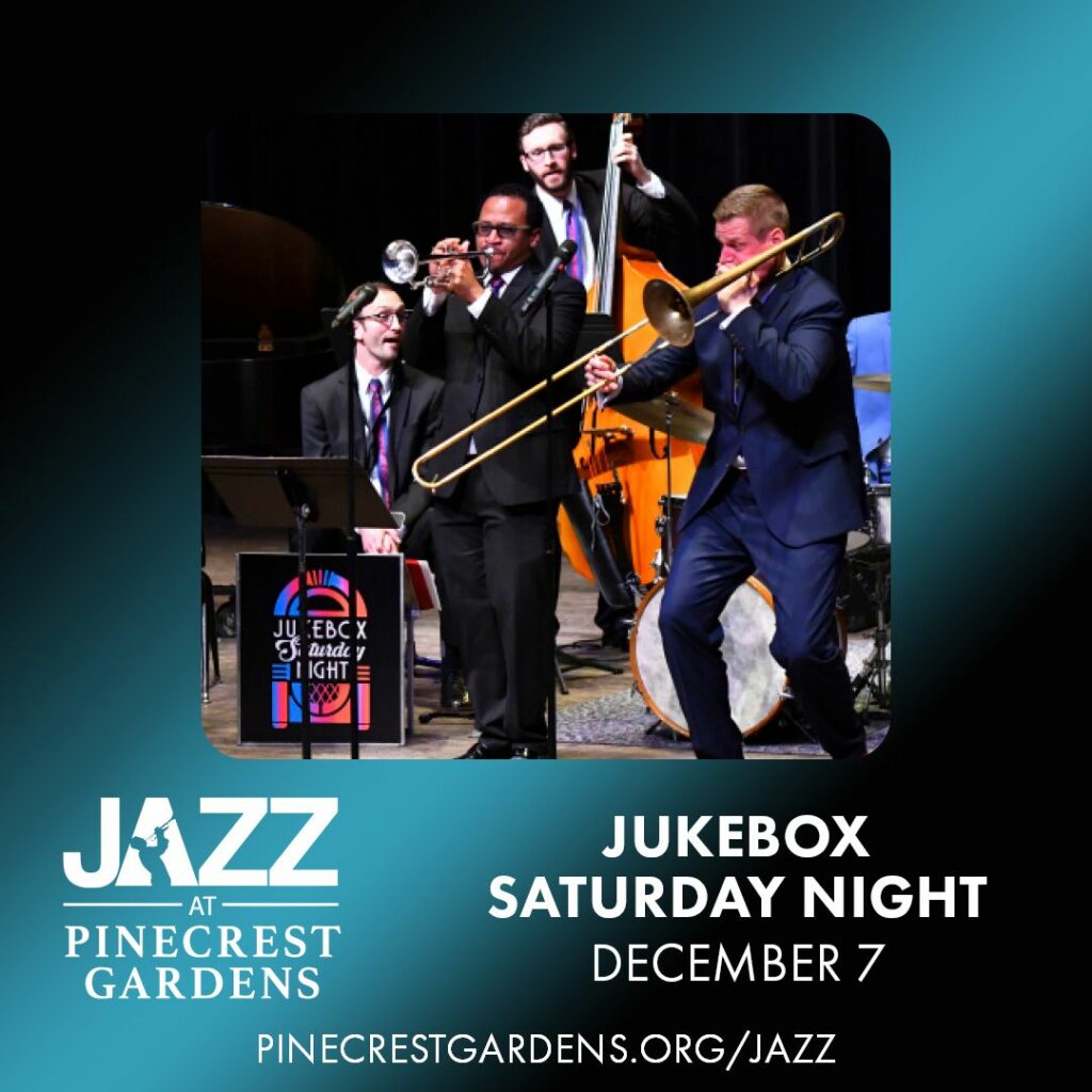 Photo of Jukebox Saturday Night performing live on stage, featuring a lively brass section, upright bass, and drums, capturing the excitement of their jazz and swing music performance at Pinecrest Gardens.