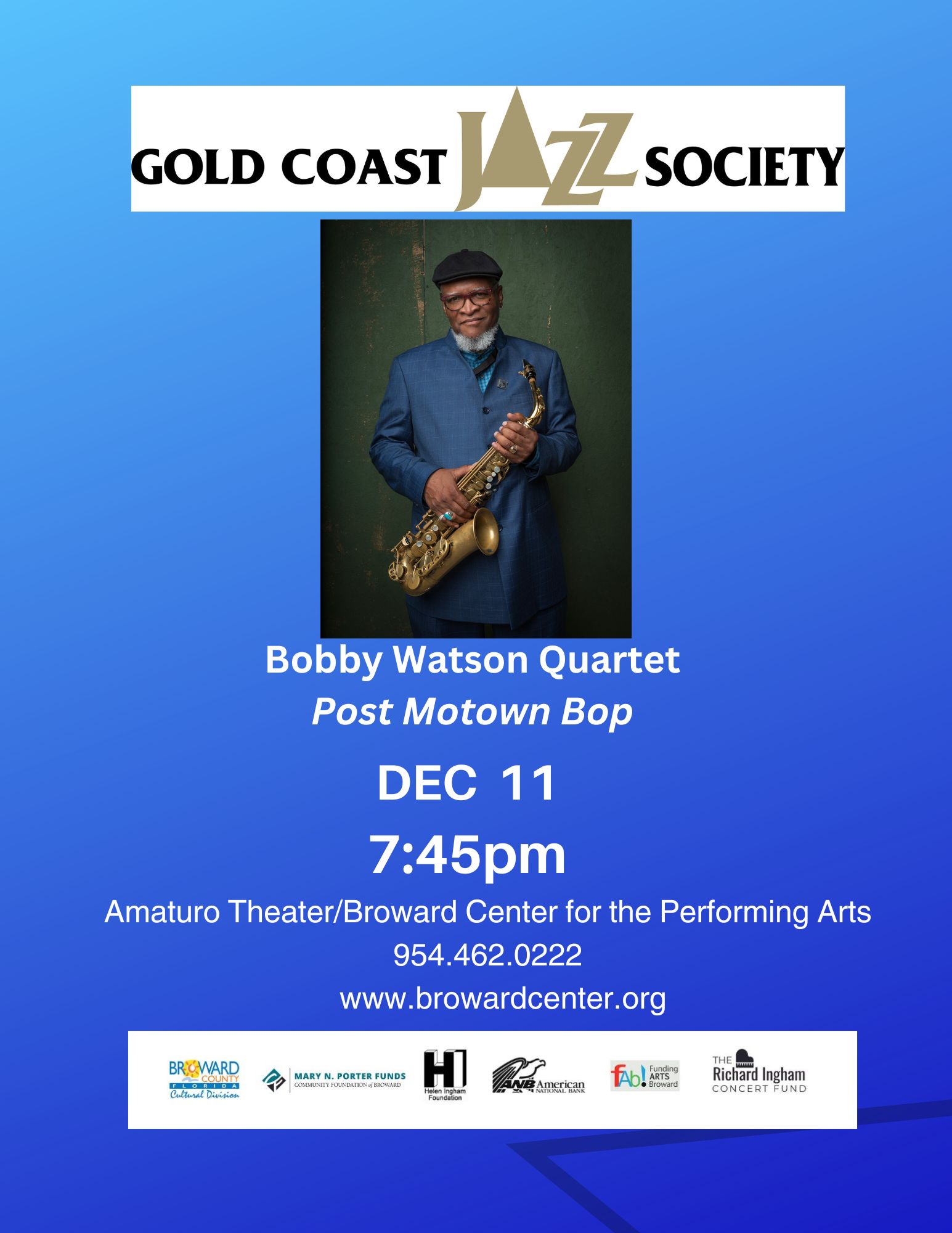 Flyer for Bobby Watson Quartet's "Post Motown Bop" concert on December 11, 2024, at the Amaturo Theater/Broward Center, presented by Gold Coast Jazz Society.