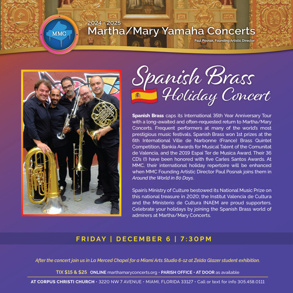 Flyer for the Spanish Brass Holiday Concert at Martha/Mary Yamaha Concerts on December 6, 2024, featuring Spanish Brass with event details, venue information, and a photo of the ensemble.