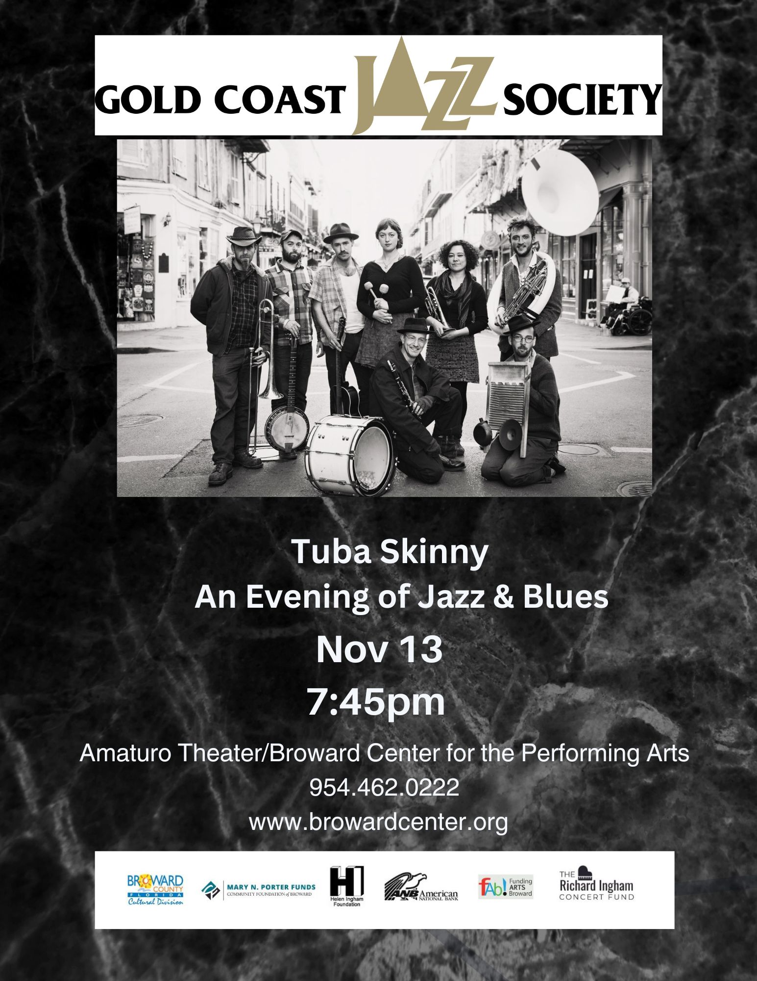 Tuba Skinny jazz band posing on a street, instruments in hand, promoting their November 13, 2024, jazz and blues concert at the Amaturo Theater, Broward Center for the Performing Arts.