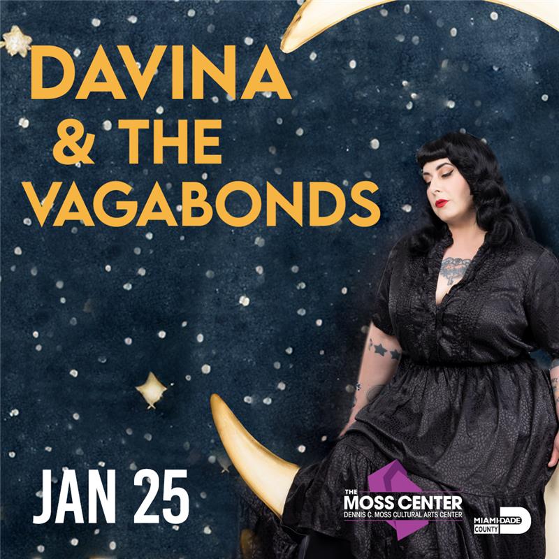 Davina & The Vagabonds promotional flyer for a live performance at The Moss Center on January 25, 2025, featuring a starry background and Davina in a black dress sitting on a crescent moon.