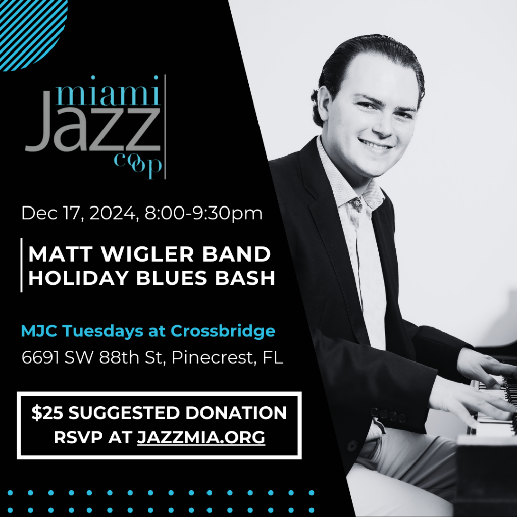 Matt Wigler performing at the piano for Miami Jazz Coop's Holiday Blues Bash on December 17, 2024, at Crossbridge Church in Pinecrest, FL.