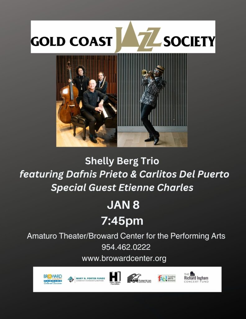 Shelly Berg Trio featuring Dafnis Prieto and Carlitos Del Puerto with special guest trumpeter Etienne Charles performing live at Gold Coast Jazz on January 8, 2024, at the Amaturo Theater, Broward Center.